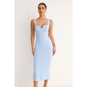 Baby Blue Bodycon Midi Dress Square Neck Ribbed Fitted Summer Dress Size S NWOT